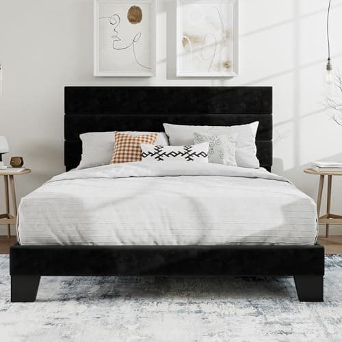 SHA CERLIN Full Platform Bed Frame with Velvet Upholstered Headboard, Mattress Foundation with Strong Wooden Slats Support, No Box Spring Needed, Black - Image 1