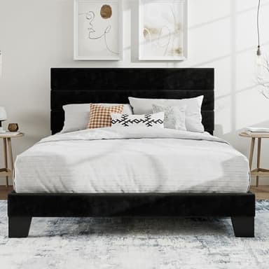 SHA CERLIN Full Platform Bed Frame with Velvet Upholstered Headboard, Mattress Foundation with Strong Wooden Slats Support, No Box Spring Needed, Black - Image 1