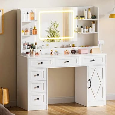 COMHOMA Makeup Vanity Desk with Mirror and Lights, Large Vanity Table with 6 Drawers & 1 Storage Cabinet, White Bedroom Dresser Table for Girls, 3 Color Modes Adjustable Mirror, White - Image 9