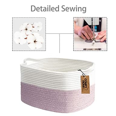 COMFY-HOMI Cotton Rope Woven Medium Basket with Handles for shelf,Cloth Storage Basket for Organizing-13.5X11X9.5 Storage Bin for Bedroom, Newborn or Infant Gift for boy girl (White/Pink) - Image 6
