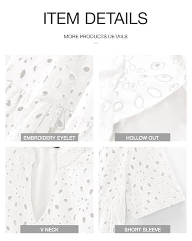 BTFBM Womens Boho Summer Dresses 2025 Resort V Neck Short Sleeve Hollow Out Lace Ruffle Casual Beach Mini Vacation Dress(White, Large) - Image 6