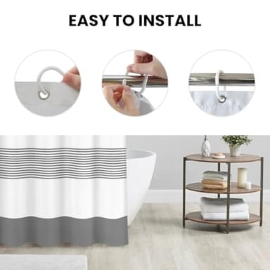 NECHEGI Shower Curtain Washable Cloth Bathroom Shower Curtain with 12 Hooks and Weighted Bottom, Fabric Rustic Striped Shower Curtain 72x72 Inches Grey - Image 2