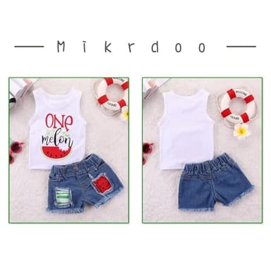 Mikrdoo Toddler Girl Summer Outfits Watermelon Tank Top + Denim Shorts 2T Infant Girl Clothes (18-24 Months, White) - Image 4