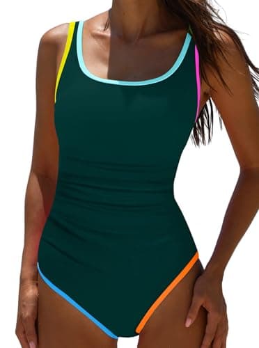 popvil One Piece Swimsuit Tummy Control Womens Bathing Suits Modest Curvy Neon Sexy Sport Swimwear,Dark Green,Small - Image 1