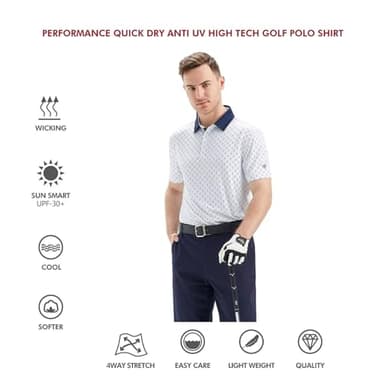 Golf Shirts for Men Dry Fit Short Sleeve Print Performance Moisture Wicking Polo Shirt White - Image 5