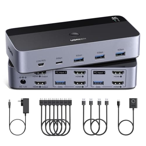 UGREEN HDMI KVM Switch 2 Monitors 2 Computers 4K@60Hz, with 4 USB 3.0 Ports for 2 Computers Sharing 2 Monitors Keyboard Mouse Printer with 4 HDMI Cables, 2 USB Cables, Power Adapter and Controller - Image 1