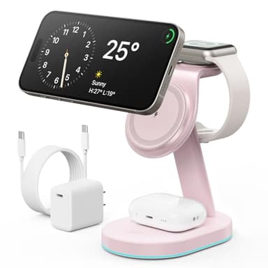 3 in 1 Wireless Charger Charging Station for iPhone,Qi2 Certified 15W Magnetic Charging Stand for Mag-Safe with 30W USB C Adapter&Friendly Night Light for iPhone 16/15/14/13/12,Apple Watch,AirPods - Image 1