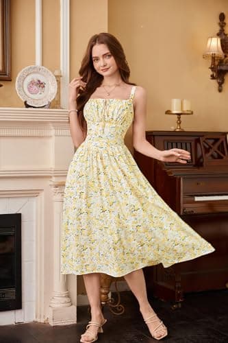 Scarlet Darkness Floral Corset Dress for Women Ruched Bust Flowy Summer Cottage Core Dress White Yellow Floral XL - Image 5