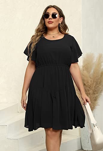 Nemidor Plus Size Summer Dresses for Curvy Women Casual Boho Midi Chiffon Print Floral Dress with Ruffle Sleeve 14-26(297,18,Black) - Image 2