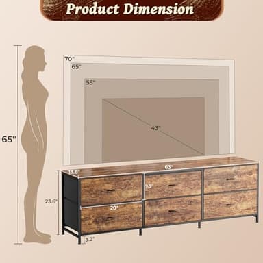 Huuger 63 Inch Long Dresser for Bedroom, Wide TV Stand for 55, 65, 70 Inch TV, 6 Drawer Dresser for Closet with Fabric Drawers, Storage Organizer for Bedroom, Entryway, Rustic Brown - Image 3