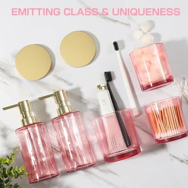 ALPIRIRAL Pink Bathroom Accessories Set, 5 Pcs Pink Glass Bathroom Set, Soap Dispenser and Toothbrush Holder Set, Qtip Holder and Cotton Ball Holder, Modern Bathroom Decor Sets, Bathroom Sink Set - Image 4