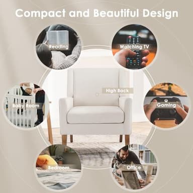 COLAMY Modern Wingback Living Room Chair, Upholstered Fabric Accent Armchair, Single Sofa Chair with Lounge Seat and Wood Legs for Office/Bedroom/Reading Spaces, Beige - Image 8