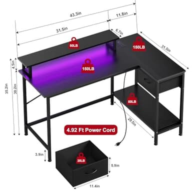 Fixwal Gaming Desk for Bedroom L Shaped Small Corner Computer Desk with Power Outlets and LED Lights, PC Desk, Home Office Desks with Drawer, Writing Desk Study Desk, Black - Image 3