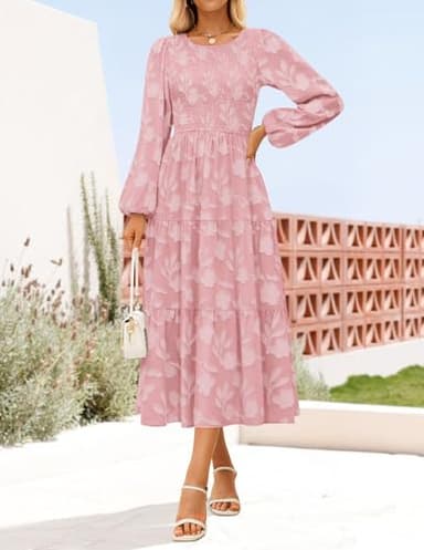 ZESICA Women's Fall Boho Floral Midi Dress 2025 Casual Long Sleeve Crewneck Flowy Wedding Guest Long Dresses,Pink,Medium - Image 3