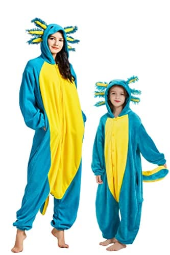 DELEY Unisex Blue Axolotl Onesie Adult Pajamas, Flannel Animal One Piece Costume Sleepwear Halloween Cosplay Homewear - Image 1