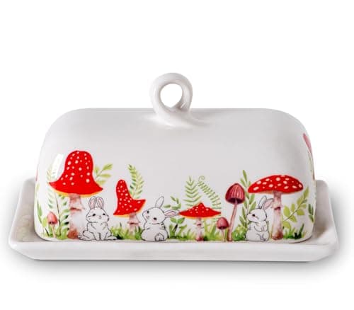Mushroom Butter Dish With Lid For Countertop Ceramic Butterdish Mushroom Kitchen Decoration Cute Butter Holder Covered Red Mushroom Rabbit Painting Butter Container Large Mantequillera Butter Tray - Image 1