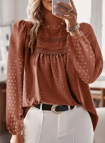 Falechay Tunic Tops to Wear with Leggings Bohemian Women's Tunic Tops Lace Crochet Orange Shirts for Women Crew Neck Long Sleeve Women's Blouses L - Image 4