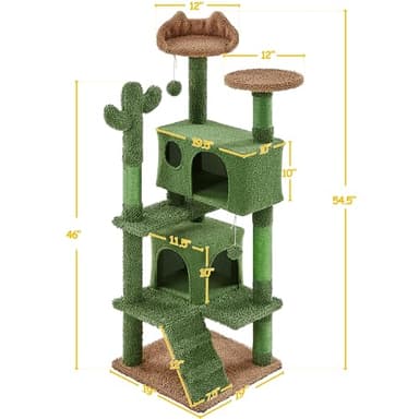 Yaheetech Cactus Cat Tree, 54.5in Tower w/Ramp, Animal-Ear Shaped Perch, Scratching Posts, Platform & Hanging Ball, Multi-Level Condo for Indoor Kittens, Green/Brown - Image 7