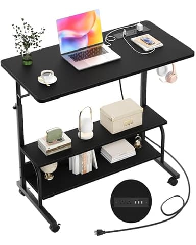 Armocity Height Adjustable Standing Desk with Power Outlets, 32" Manual Stand Up Desk with Storage Shelves Small Mobile Rolling Computer Desk Portable Laptop Table with Wheels for Home Office, Black - Image 1