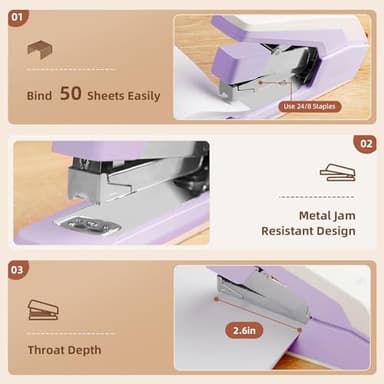 Deli Effortless Desktop Stapler, Heavy Duty Stapler, 40-50 Sheet Capacity, One Finger, No Effort, Includes 1500 Staples & Staple Remover, Violet - Image 5