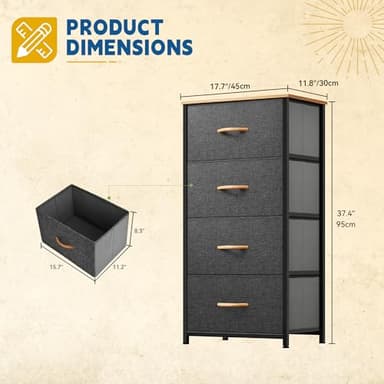DWVO 4 Drawers Dresser, Small Dresser for Bedroom, Fabric Storage Tower, Chest of Drawers, Organizer Unit for Closets, Living Room, Sturdy Steel Frame, Wooden Top, Easy Pull Handle - Image 3