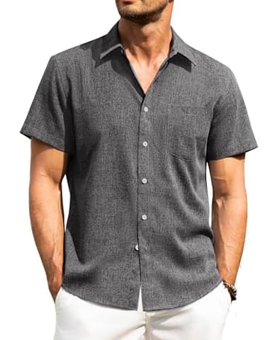 Alimens & Gentle Mens Linen Shirts Short Sleeve Button Down Shirts Wrinkle Free Casual Vacation Beach Summer Tops,Black Grey,6XL - Image 1