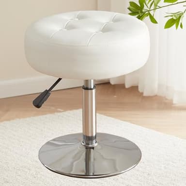 Gitrah White Vanity Chair for Makeup Room Round Ottoman Tufted PU Leather Makeup Chair Vanity Stools for Bathroom Height Adjustable 360 Swivel - Image 1