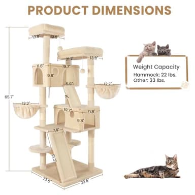 SHA CERLIN 65in Larger Cat Tree Tower Condo for Indoor Kitties/Multi-Level Furniture Activity Center with Wide Base/Cozy Plush Cat Perches/Baskets/Sisal Scratching Posts and Hammock/Beige - Image 8