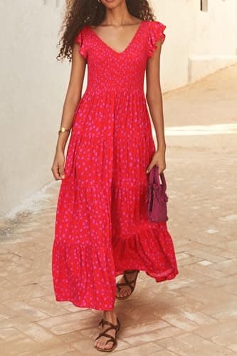 PRETTYGARDEN Women's Summer Flowy Maxi Dress Casual Cap Sleeve V Neck Smocked Beach Sundress (Print Red,X-Large) - Image 6