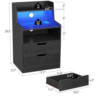 Rolanstar Nightstand with Charging Station and LED Lights, 2 AC and USB Power Outlets, Night Stand with 2 Drawers and Storage Shelves, Bedside Table for Bedroom - Black - Image 3