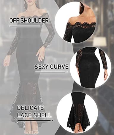 LALAGEN Women's Floral Lace Long Sleeve Off Shoulder Wedding Mermaid Dress Black XL - Image 5