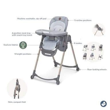 Maxi-Cosi Minla 6-in-1 High Chair for Babies & Toddlers, Portable Foldable Highchair, EcoCare Fabric, 9 Heights, 5 Reclines, 4 Tray Positions, Classic Slate - Image 4