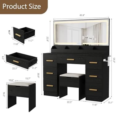 Garvee Vanity Desk with Large Mirror and Lights, 45.9In Makeup Vanity Desk, 3 Lighting Modes Adjustable Brightness, Vanity Table with Power Outlet &8 Drawers, for Powder Room and Bedroom - Image 7
