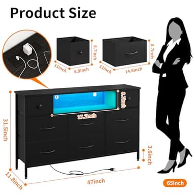 Fixwal Dresser for Bedroom TV Stand for 55 Inch TV with Charging Station and LED Light, Fabric Chest of Drawers, 8 Drawer Kids Dressers for Boys Bedroom, Living Room, Closet (Black) - Image 3