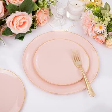 YOUBET 125PCS Pink Plastic Plates - Pink Disposable Plates With Gold Rim - Pinks and Gold Plates Include 25 Dinner Plates, 25 Dessert Plate, 75 Cutlery for Party Wedding Birthday - Image 7