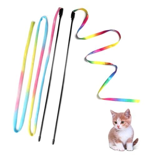 M JJYPET Cat Wand Toys Interactive Kitten Toys for Indoor Cats Colorful Teaser Wand String for Exercise Kitten Stick Kitty Rope Toy Rainbow Ribbon Cat Charmer -2Pcs - Image 1