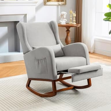 AYEASY Rocking Chair Nursery Glider Chair with Foot Rest, Nursery Rocking Chairs with Rubber Wood Legs Side Pocket, High Back Nursing Chair, Accent Rocker Arm Chair Baby Bedroom, Living Room, Grey - Image 1