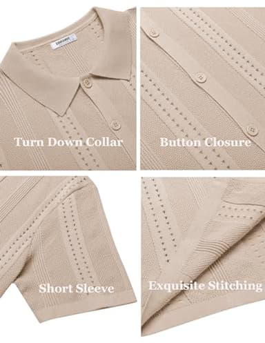 COOFANDY Men's Knit Shirts Short Sleeve Button Up Polo Shirt Fashion Casual Summer Beach Shirts, Apricot, Medium - Image 6