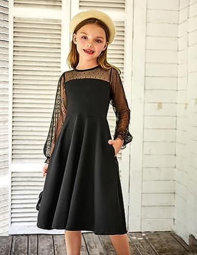 Arshiner Girl's Contrast Mesh Puff Long Sleeve High Waist A Line Black Short Dress with Pockets 9-10 Years - Image 4