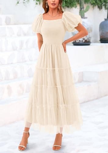 PRETTYGARDEN Women's Smocked Midi Tulle Dress 2025 Summer Puffy Short Sleeve Square Neck Ruffle Wedding Guest Party Dresses (Beige,Small) - Image 6