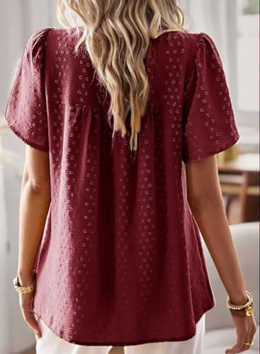 Falechay Babydoll Burgundy Tops for Women Swiss Dots Cute Pom Pom Chiffon Floral Blouse Lace Boho Round Neck Short Sleeve M - Image 3