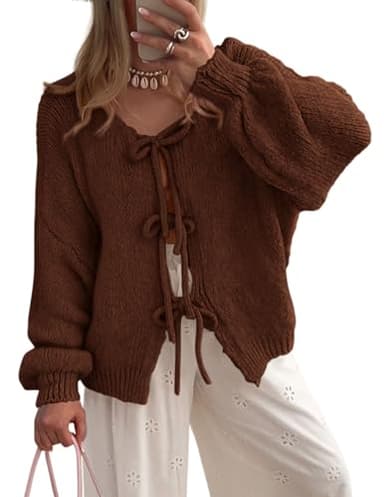 PRETTYGARDEN Women's Tie Front Bow Cardigan Sweaters Chunky Knit Long Puff Sleeve Trendy Fall Winter Jacket Coats (Caramel,Large) - Image 1