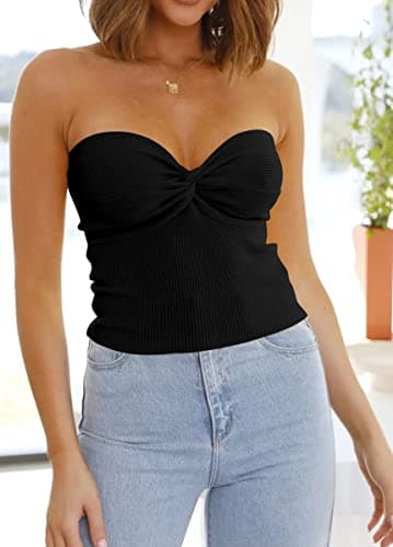 EFAN Womens Tube Tops Summer Sweater Twist Knot Front Knit Bandeau Strapless Ribbed Sleeveless Y2K Corset Crop Top Black M - Image 5