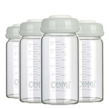 COMI Wide Neck Glass Breastmilk Collection n Storage Bottle, 8oz with Screw Ring Sealing Disk; Re-markable Sealing Disc. BPA Free, Fits Breast Pumps & Nipples (4 Gray Lids) - Image 1