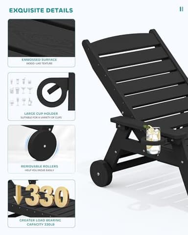 SERWALL Patio Chaise Lounge Chair Set of 2, 78'' Long 5-Positions Adjustable HDPE Outdoor Lounge Chair with Rolling Wheels & Cup Holder for Poolside, Deck, Obsidian Black - Image 5