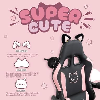 Dowinx Gaming Chair Cute with Cat Ears and Massage Lumbar Support, Ergonomic Computer Chair for Girl with Footrest and Headrest, Comfortable Reclining Game Chair 290lbs for Adult, Teen, Black - Image 3