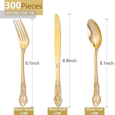 Joyido 300Pieces Gold Plastic Silverware - Heavy Duty Gold Disposable Utensils - Vintage Plastic Cutlery Set Includes 100 Forks, 100 Spoons, 100 Knives for Dinner Parties Weddings - Image 2