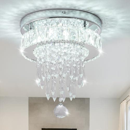 9.8" Small Flush Mount LED Crystal Chandelier with K9 Crystals & Steel Frame, Ceiling Light Chandelier for Bedroom Dining Living Hallway (6000K Cool White)