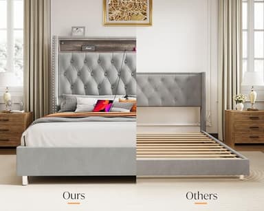 Jocisland Queen Size Bed Frame 53.6'' Tall Headboard LED Lights and Charging Station, Velvet High Upholstered Platform Bed Wingback Storage, No Box Spring Needed, No Motion Light Under Bed, Light Gray - Image 5