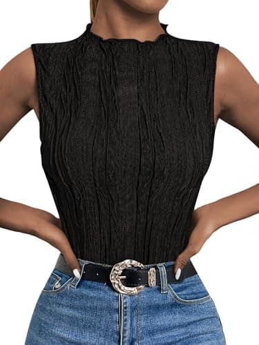 LILLUSORY Women's Mock Neck Business Casual Outfits Dressy Tank Tops Sleeveless Mock Neck Ruched Work Blouses Fitted 2025 Summer Trendy Going Out Shirts Teacher Office Clothes Black S - Image 1